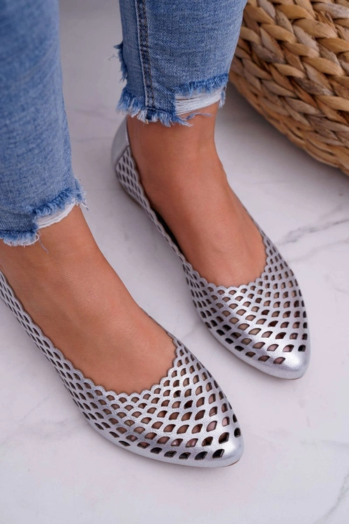 Baleriny Damskie Srebrne Skórzane Exquisite 1107/1