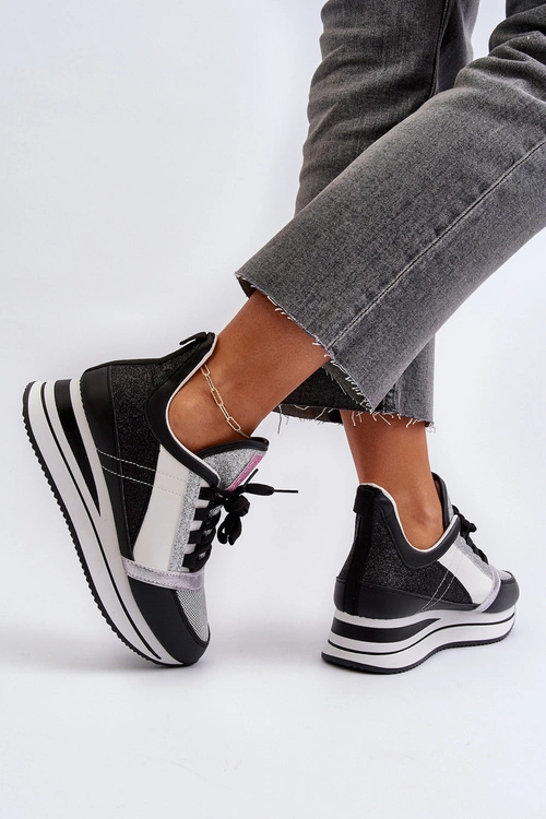 Damskie Sneakersy Na Koturnie I Platformie Z Brokatem Czarne Rafani