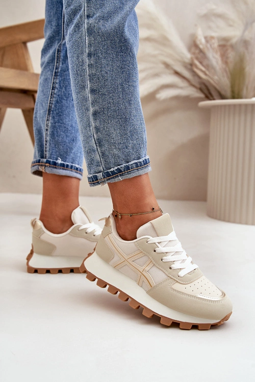 Sneakersy Buty Sportowe Damskie Sznurowane Na Platformie Beżowe Mialunae