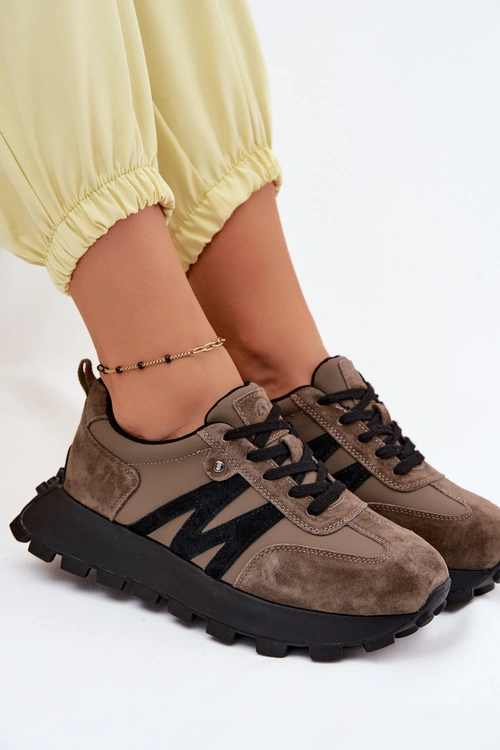 Skórzane Zamszowe Sneakersy Damskie Na Platformie Vinceza 41520 Ciemnozielone