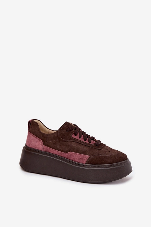 Sneakersy Damskie Z Naturalnego Zamszu Na Platformie Zazoo N1265S3 Czekoladowe