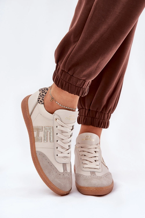 Skórzane Buty Sportowe Sneakersy Damskie Panterka CheBello 4640 Beżowe