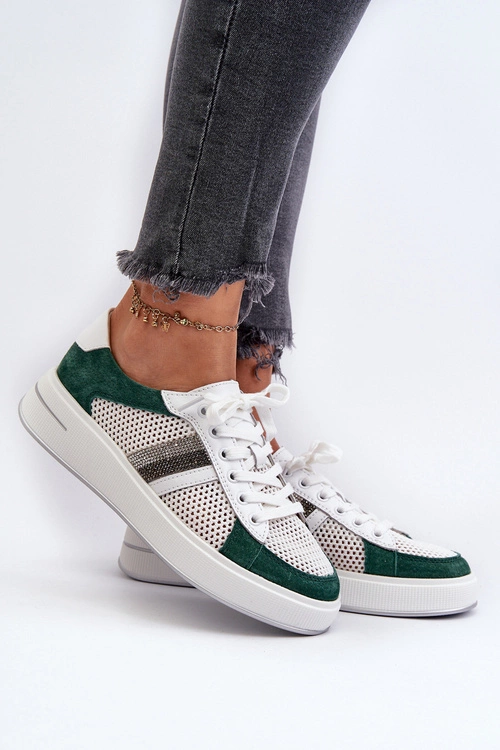 Sneakersy Skórzane Damskie D&A LR110 Zielono-Białe