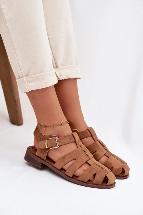 Sandały Damskie Rzymianki Ze Złotą Klamrą Camel Janessa