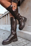 Sznurowane Kozaki Damskie Na Platformie Czekoladowe Jalira