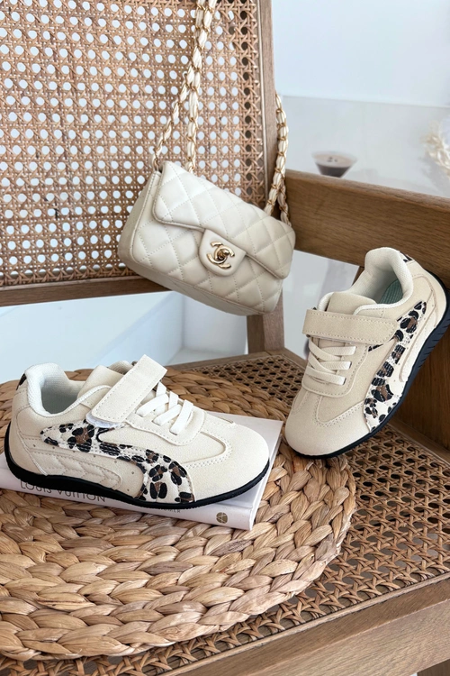 Buty Sportowe Dziecięce Z Rzepem Beżowe Z Panterką Perrin