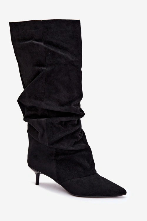 Marszczone Kozaki Kitten Heel Wsuwane Zamszowe Czarne Lowen