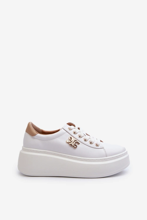 Skórzane Sneakersy Damskie Na Platformie Białe Pernalia
