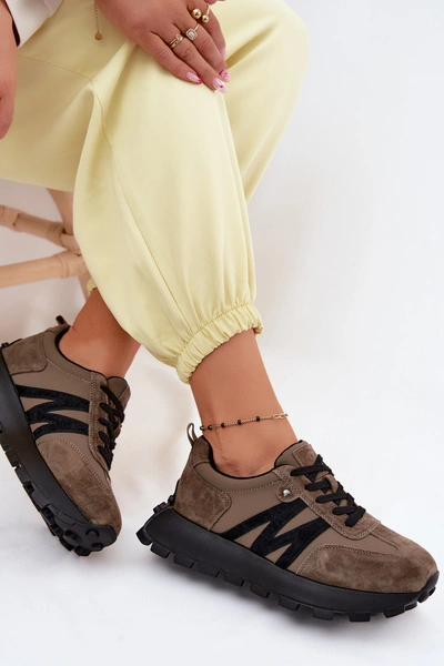 Skórzane Zamszowe Sneakersy Damskie Na Platformie Vinceza 41520 Ciemnozielone