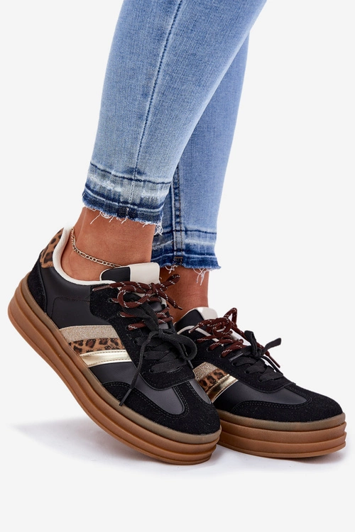 Sneakersy Damskie Na Platformie Z Podwójnym Sznurowaniem Panterka Czarne Niteria