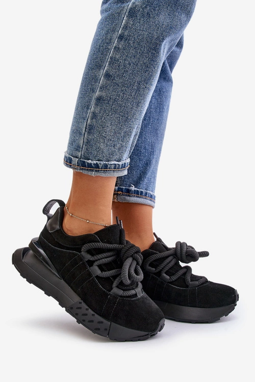 Zamszowe Sneakersy Damskie Na Platformie Z Grubym Sznurowaniem Artiker 54C1464 Czarne