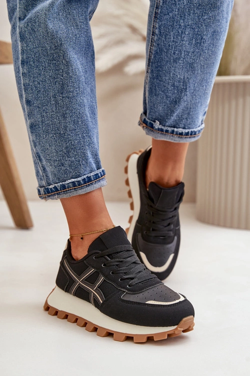 Sneakersy Buty Sportowe Damskie Sznurowane Na Platformie Czarne Mialunae