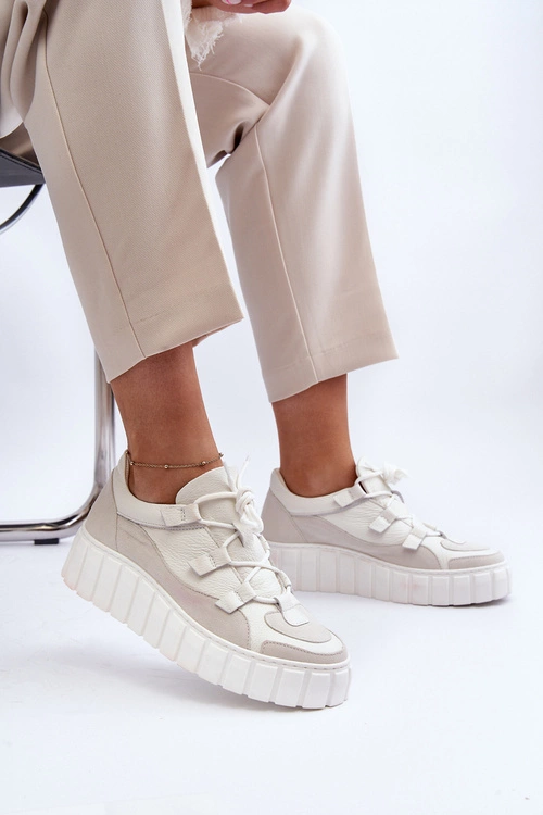 Damskie Skórzane Buty Sportowe Na Platformie M01/1 Zazoo Jasnobeżowe