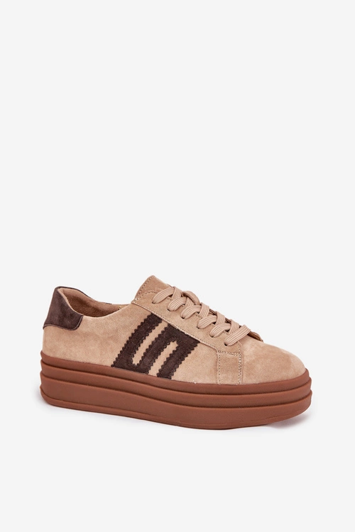Sneakersy Damskie Na Platformie Z Naturalnego Zamszu Beżowe Eldira