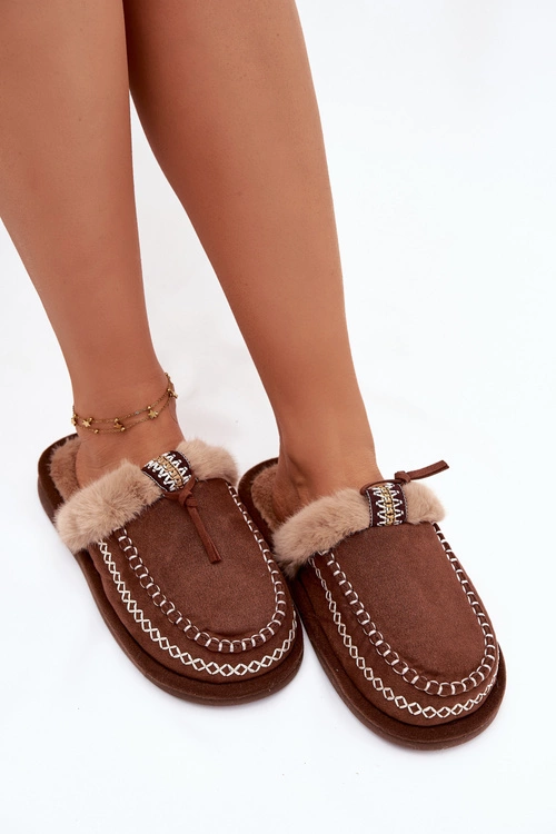 Kapcie Damskie Z Futerkiem I Haftem Brązowe Perivelle