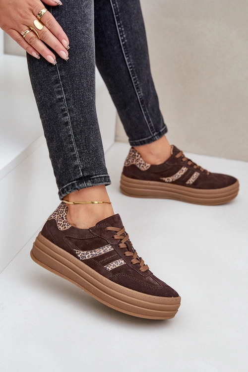 Zazoo N1176 Zamszowe Sneakersy Na Platformie Panterka Czekoladowe