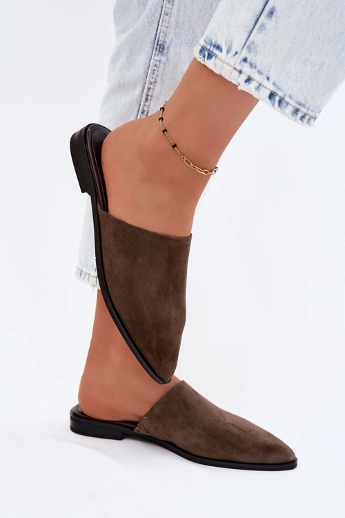 Skórzane Zamszowe Klapki Mule Damskie Płaskie D&A JC61-1004 Khaki