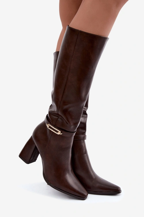 Ocieplane Kozaki Z Dekoracyjnym Paskiem Obcas Słupek Czekoladowe Luvessa