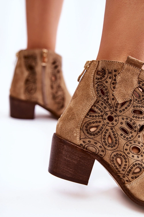 Ażurowe Botki Zamszowe Lewski Shoes 3170/2 Beżowe