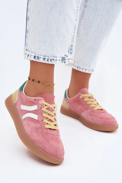 Skórzane Zamszowe Sneakersy Damskie Różowe Coressa