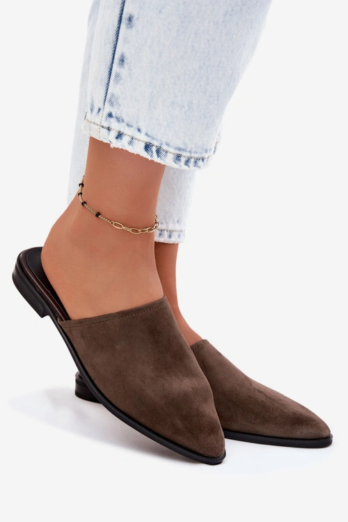 Skórzane Zamszowe Klapki Mule Damskie Płaskie D&A JC61-1004 Khaki