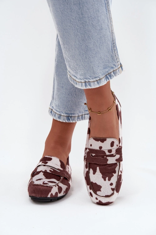 Loafersy Mokasyny Damskie Płaskie W Łaty Brązowo-Białe Roseline