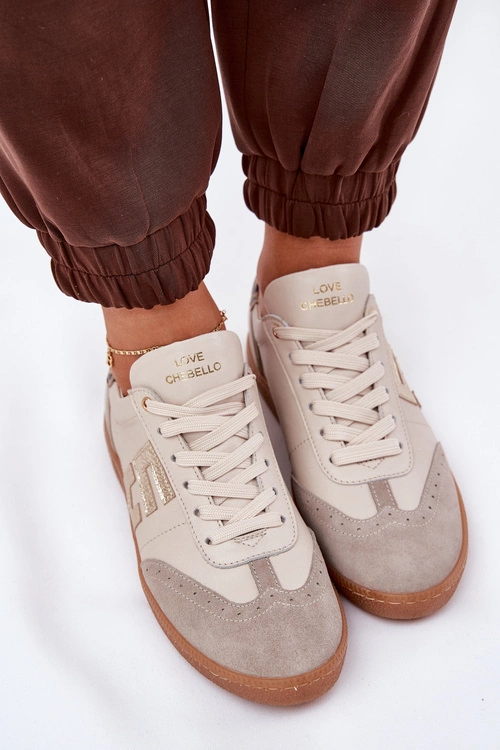 Skórzane Buty Sportowe Sneakersy Damskie Panterka CheBello 4640 Beżowe