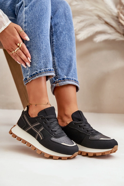 Sneakersy Buty Sportowe Damskie Sznurowane Na Platformie Czarne Mialunae