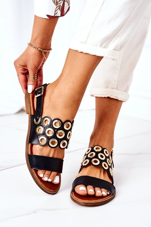 Skórzane Ażurowe Sandały Lewski Shoes 3042 Czarne