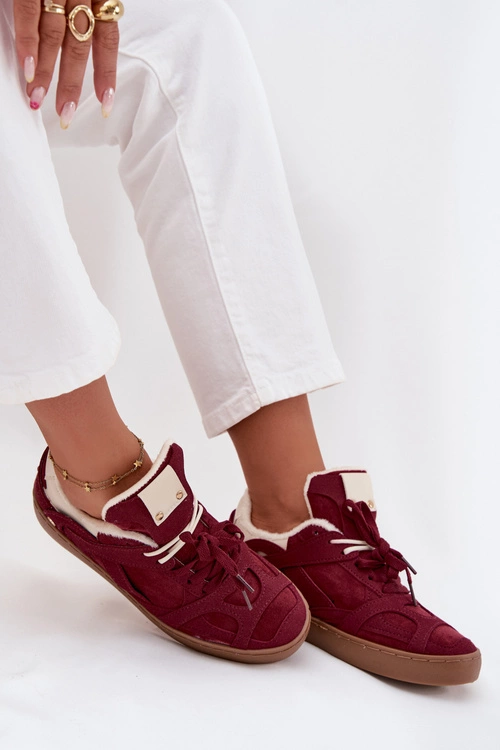 Sneakersy Damskie Na Platformie Ocieplane Futerkiem Bordowe Solvia