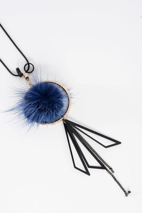 Naszyjnik Damski Z Pomponem Długi Łańcuszek Granatowy Choker