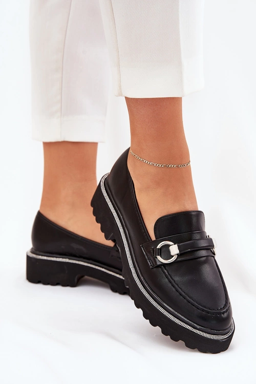 Mokasyny Damskie Zdobione Cyrkoniami Czarne Patina