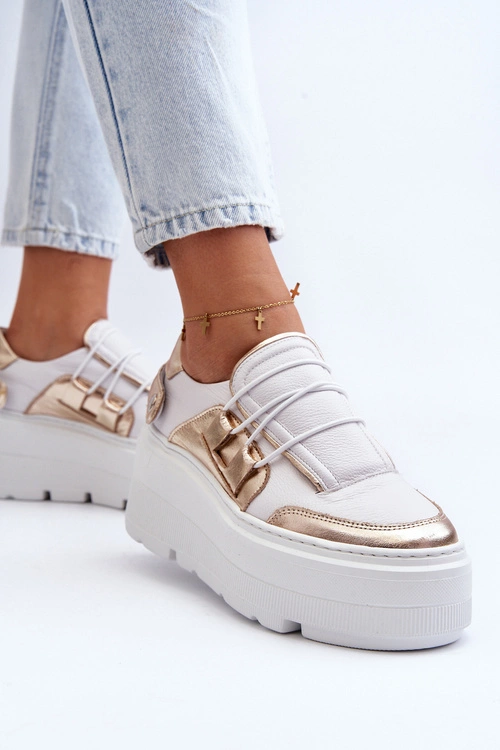 Zazoo 1833 Sneakersy Damskie Skórzane Na Masywnej Podeszwie Biało-Złote