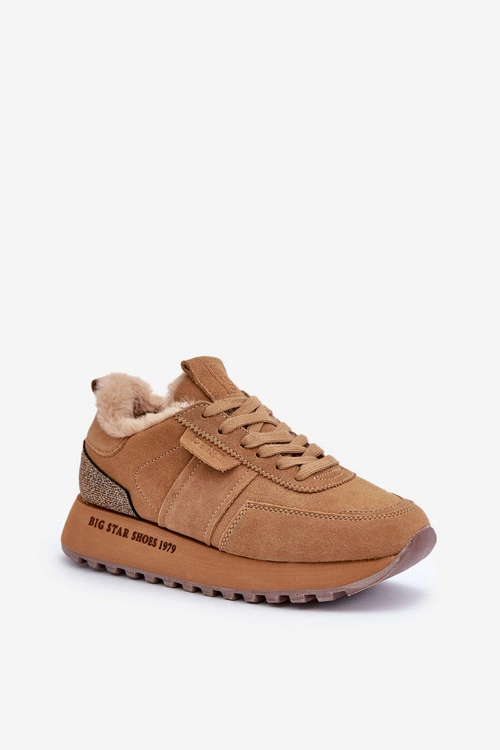Zamszowe Sneakersy Damskie Z Futerkiem I Błyszczącym Elementem Big Star OO274578 Hi-Poly System Camel