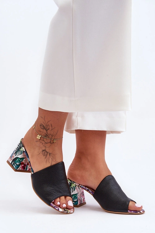 Damskie Skórzane Klapki Na Obcasie Lewski Shoes 3209/K Czarne