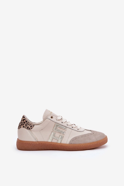 Skórzane Buty Sportowe Sneakersy Damskie Panterka CheBello 4640 Beżowe