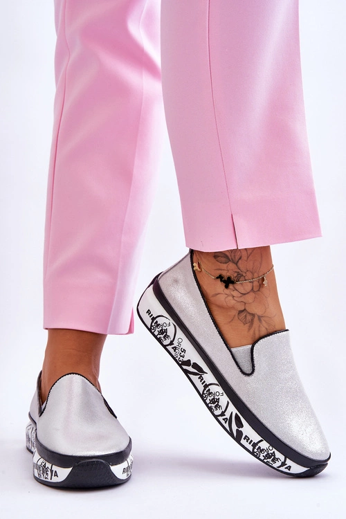 Damskie Skórzane Tenisówki Slip-On Srebrne Ottavia