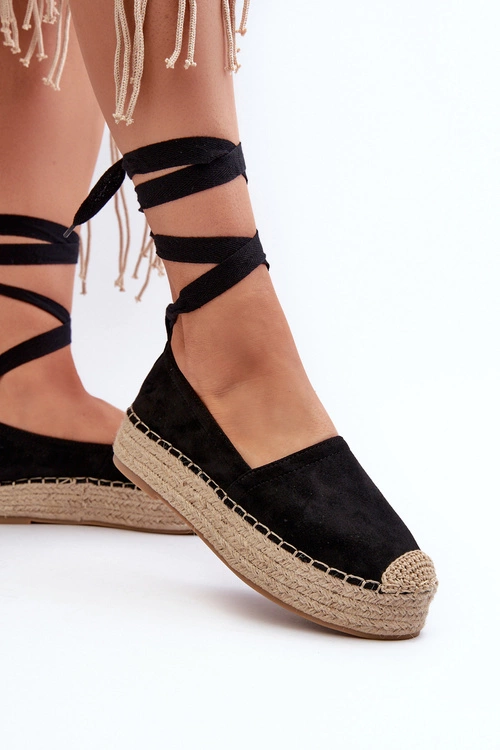 Espadryle Damskie Wiązane Na Platformie Z Plecionką Czarne Tailesse