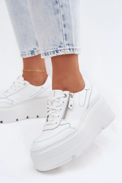 Skórzane Sneakersy Damskie Na Masywnej Platformie Zazoo N1084 Białe