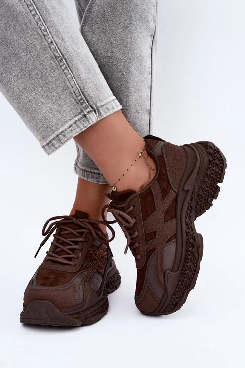 Sneakersy Damskie Ze Zdobieniem Czekoladowe Amselle