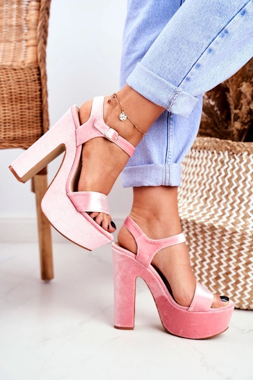 Wysokie Różowe Sandały na Słupku Welur HighShoes