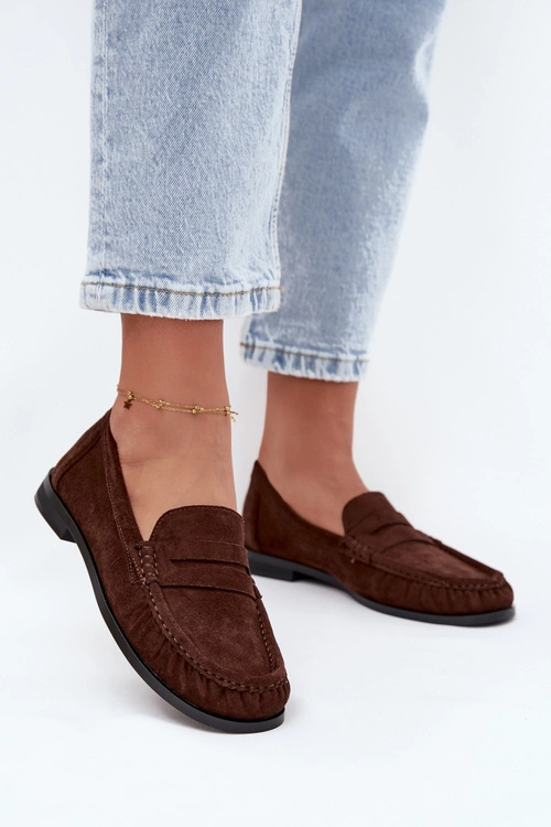 Loafersy Damskie Na Płaskim Obcasie Z Eko Zamszu Brązowe Rivianne