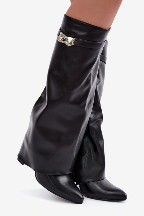 Ocieplane Kozaki Damskie Z Wywiniętą Cholewką Na Słupku Czarne Salia