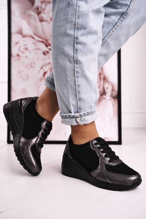 Damskie Skórzane Sneakersy Na Koturnie Czarne Srebrne Roxette