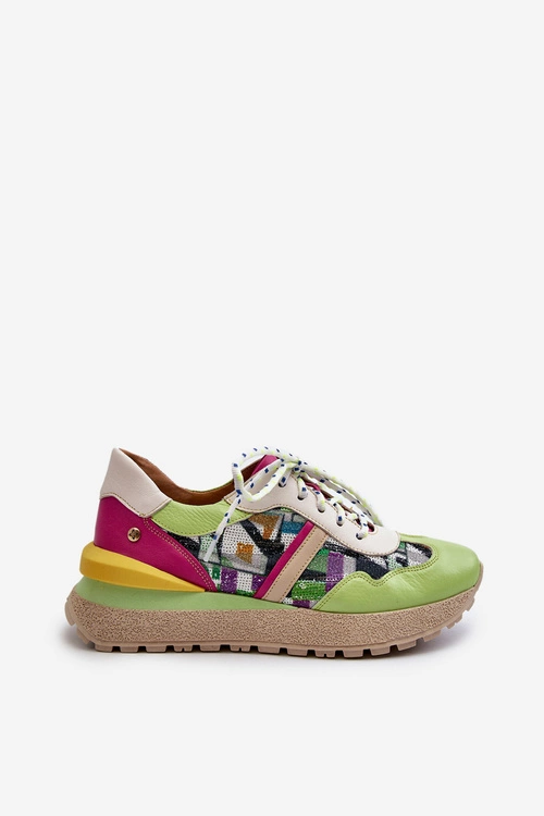Sneakersy Damskie Skórzane Na Platformie Maciejka 06322-09 Zielono-Różowe