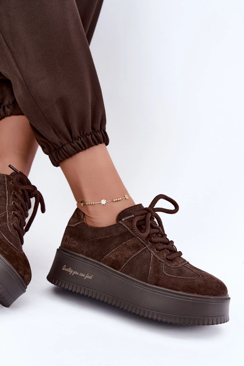 Skórzane Zamszowe Sneakersy Damskie Na Platformie Lee Cooper LCJ-26-01-4644 Czekoladowe