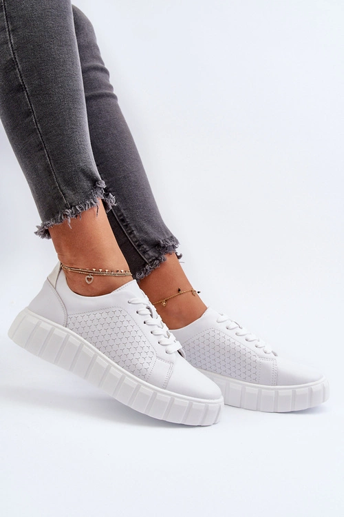 Skórzane Sneakersy Damskie Na Platformie Białe Eselmarie