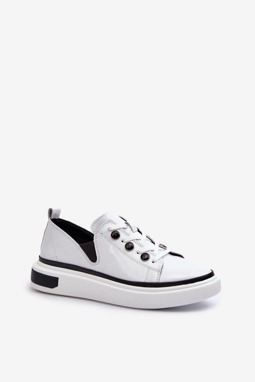 Lakierowane Sneakersy Damskie Skórzane D&A LR535 Białe