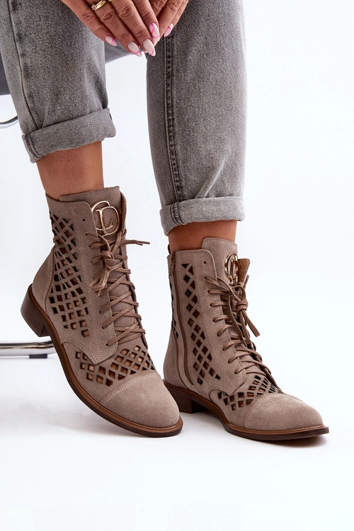 Zazoo 2695 Ażurowe Skórzane Botki Beżowe