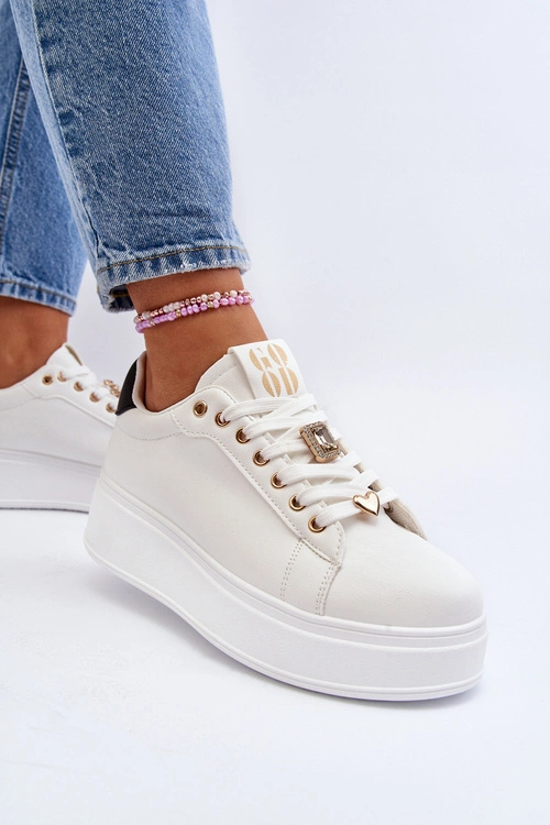 Sneakersy Damskie Na Platformie Z Ozdobami Białe Herbisa